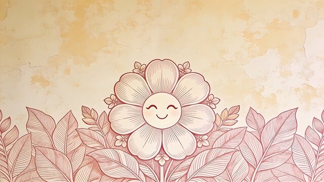 Blush pink linework sleeping flower face with rounded petals and leaf accents decorates a warm beige textured plaster wallpaper mural background