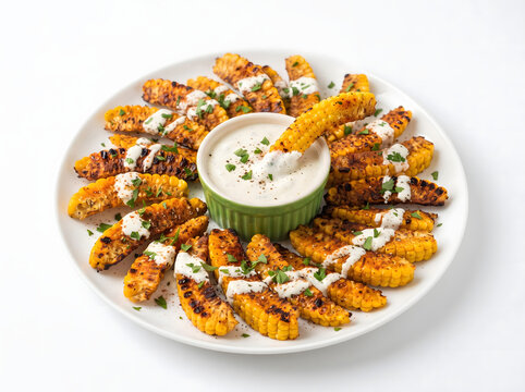 Golden roasted corn ribs drizzled with seasoned white crema sauce arranged on white platter with creamy garlic dipping sauce and fresh herb garnish isolated on seamless white background