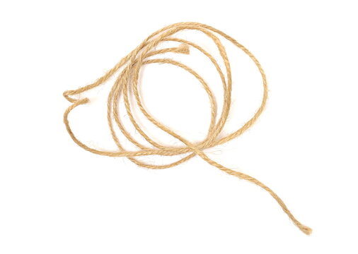 Natural jute rope, rustic twine string isolated on white background texture, top view