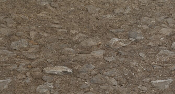 a rugged natural ground surface. It features an intricate mix of various-sized grey and brown rocks embedded within a matrix of earthy soil, gravel, and finer detritus