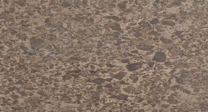 a rough textured surface. The background is composed of irregular, angular stones and gravel in shades of brown, gray, and earthy beige, tightly embedded within a lighter, fine-grained matrix