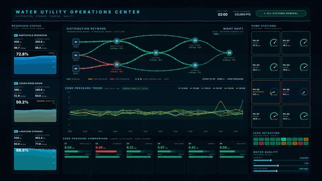 Water utility dashboard animation showing reservoir levels and distribution network pressure with fluid blue aquatic interface design for commercial creative technology and business use.