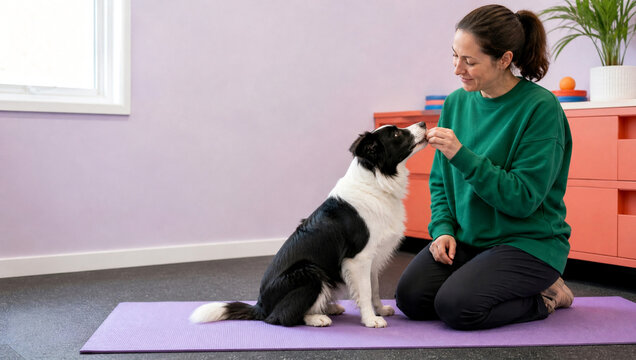 Woman Training Dog with Hand Target on Exercise Mat