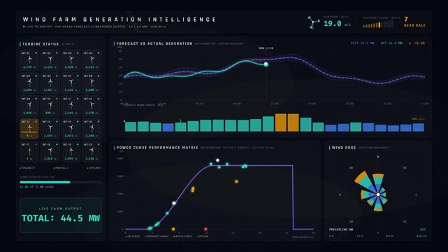 Wind farm dashboard comparing turbine output with expected generation forecasts, featuring live data visualization, power curves, and atmospheric wind effects in 4K.