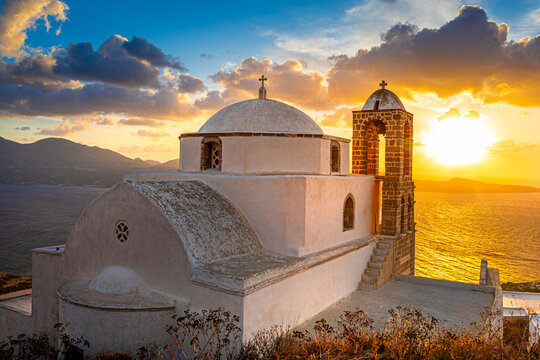 Panagia Thalassitra church view in the Plaka castle, Milos island, Greece