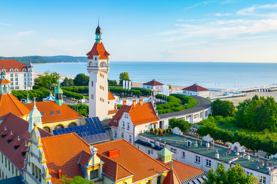 Sunny landscape of the resort town of Sopot and Molo - pier on the Baltic Sea. Poland