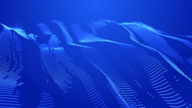 Waves transmit silent codes through a luminous matrix. Particles pulse with digital motion. 3D rendering. Seamless loop.