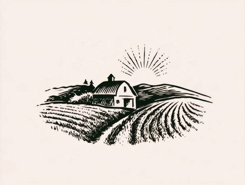 vintage linoleum print illustration of idyllic rural landscape with traditional farm barn rolling hills agricultural fields and rising sun rays in retro woodcut artistic style for agriculture concept