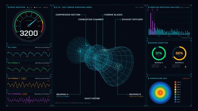 Industrial gas turbine wireframe dashboard with live vibration waveforms, spectrum analyzer, and condition monitoring gauges on dark background for commercial creative technology and business use.