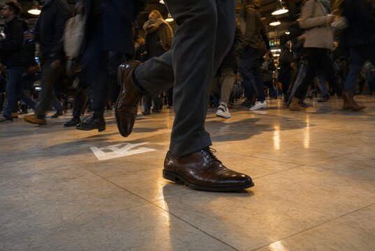 Plano contrapicado y recortado de los pies de un hombre de negocios, con zapatos de cuero, mientras se desplaza a toda prisa por el vest&iacute;bulo de una estaci&oacute;n de tren