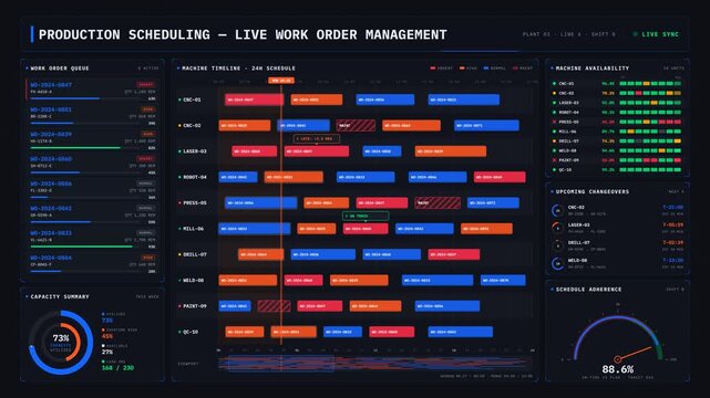 4K production scheduling dashboard with work order queue, machine availability timeline, and Gantt chart in dark industrial style. for commercial creative technology and business use.