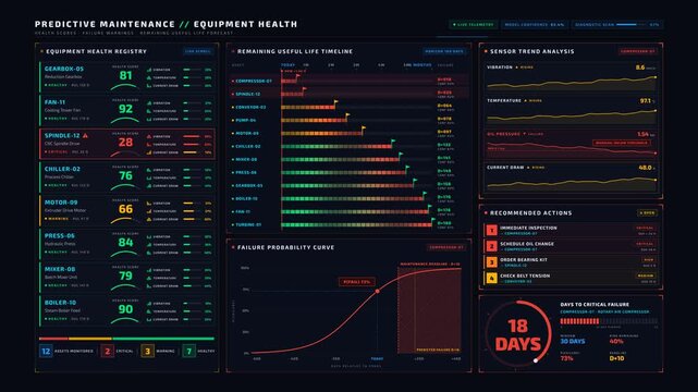 4K dark mode predictive maintenance dashboard UI showing equipment health scores, failure warnings, and sensor trend analysis for industrial assets with red critical alerts.
