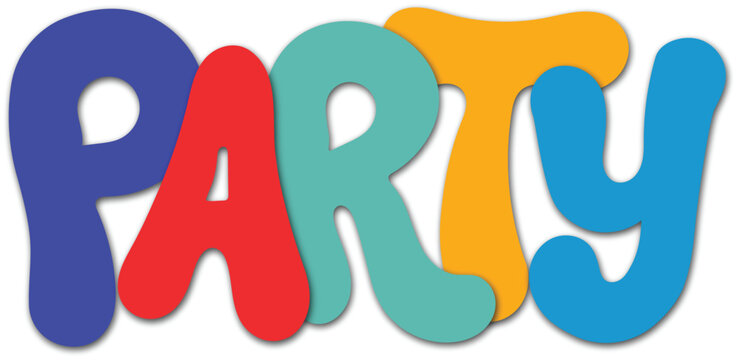 colorful playful party typography with bold overlapping letters in vibrant blue red teal orange and cyan with soft drop shadows on white background