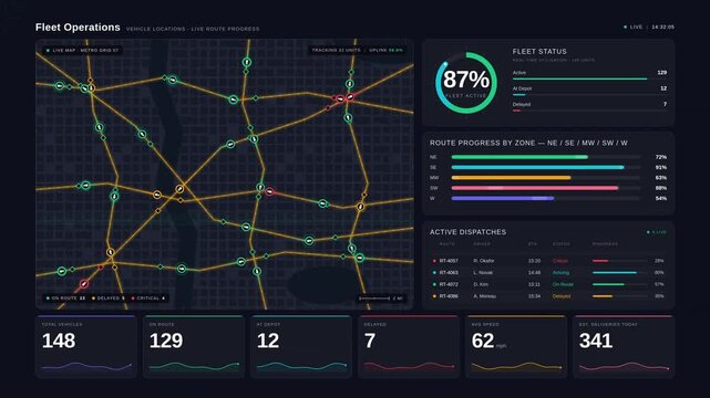 Premium 4K dark-mode fleet tracking dashboard featuring live vehicle locations, animated route progress, and real-time KPI data on a dark map interface.