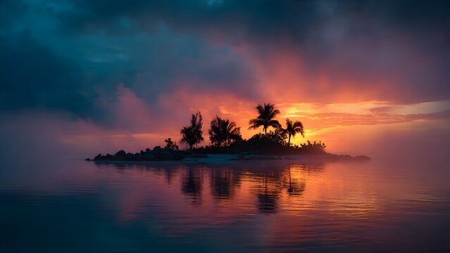 Small island with palm trees reflects on calm water surface at stunning sunset, mystical hazy atmosphere creating dramatic sky with vibrant colors.