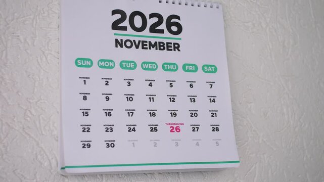 Close-up of male hands tearing off October page from a wall calendar, revealing November 2026 page and pointing finger to the marked Thanksgiving date on November 26