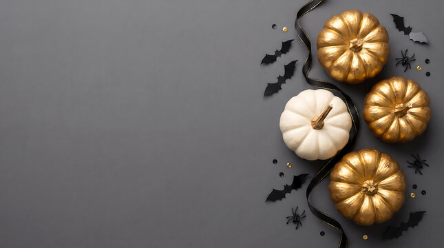 Elegant Halloween flat lay background with gold and white mini pumpkins, bats, spiders, and copy space. Autumn banner with metallic golden pumpkins, black ribbon, and sequins on dark gray background.
