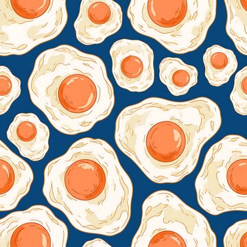 Seamless pattern of delicious fried eggs with vibrant orange yolks on a dark blue background, whimsical food illustration for kitchen textile and packaging
