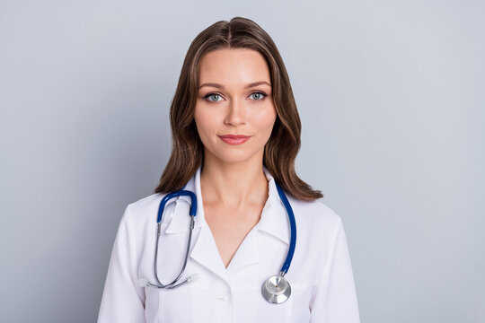 Portrait of qualified medic lady listen patient symptoms isolated over white color background