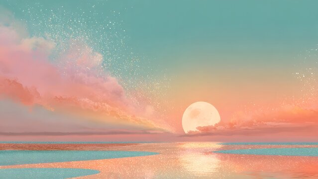 Enchanting twilight landscape featuring glowing celestial dust scattered across pink pastel clouds above tranquil sea horizon with soft moon illuminating ripples in gentle calm aesthetic scene.