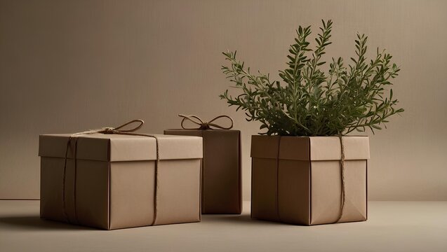 Eco-friendly brown craft paper gift boxes tied with string and potted green plant on beige minimalist background