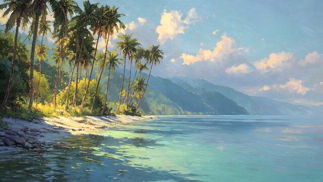Oil painting style depiction of lush tropical beach with tall palm trees lining sandy shore overlooking clear blue ocean water under bright daytime sky with fluffy white clouds overhead.