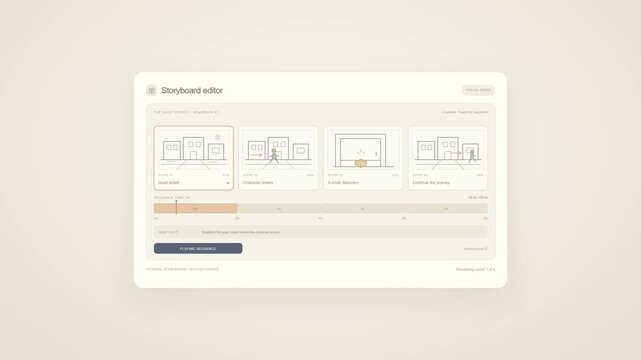 Storyboard editor tool, UI and UX design interface for video production, planning and creative projects. Software, application and screen with timeline, wireframe and management for media content.