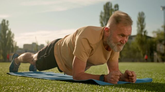 Older Caucasian man planking on stadium lawn retired male pensioner aged sportsman athlete straining core muscles practicing balance endurance full body stability outdoors retirement wellness movement