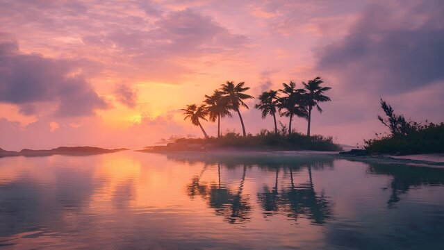 Serene tropical island landscape featuring coconut palm trees in calm reflection water at sunrise with soft golden light casting gentle glow on peaceful shore and soft horizon background.