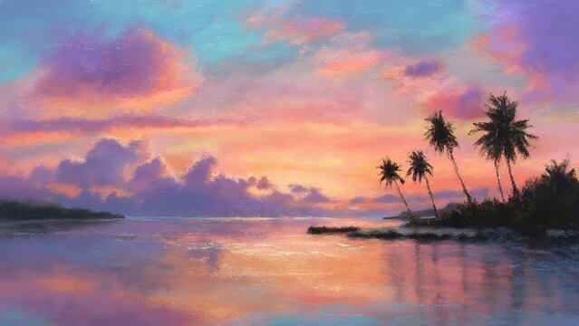 Artistic pastel painting of serene tropical beach during stunning sunset with soft clouds casting warm light over calm ocean surface and silhouettes of palm trees standing on quiet sandy shore.