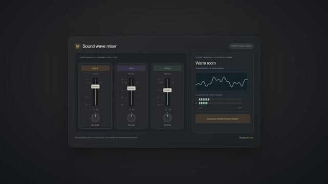 Audio, mixer and software with digital sound wave interface, faders and control knobs for music production. DAW app, studio dashboard and soundboard with engineering tools and professional UI.