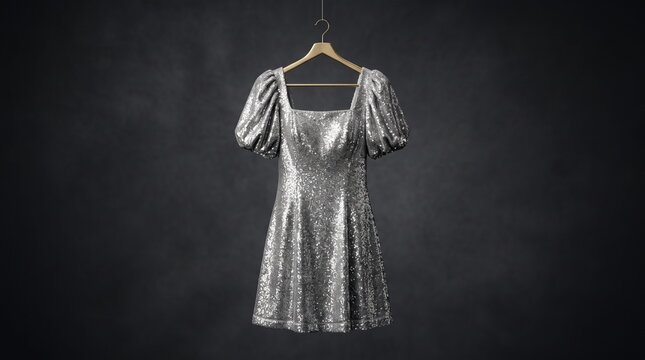 Sparkling silver sequin mini dress with puff sleeves hanging on a hanger