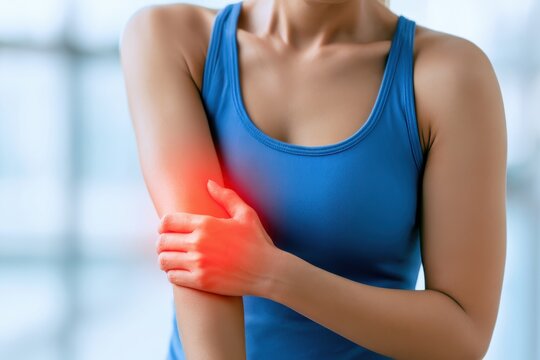 Elbow pain ache. Woman touches massaging her sore elbow due to acute joint pain. Glowing red light on hand arm area showing a severe muscle spasm tendon strain arthritis or sport injury symptom visual