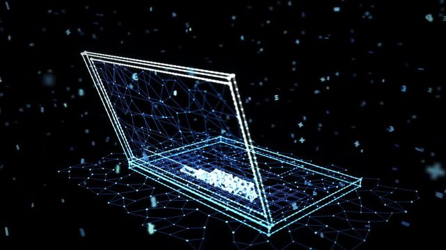 Laptop Financial Growth Chart Bar Graph Network Currency. 3d render, Digital isometric 3D illustration featuring glowing white laptop display showing bar graph pointing up dark background