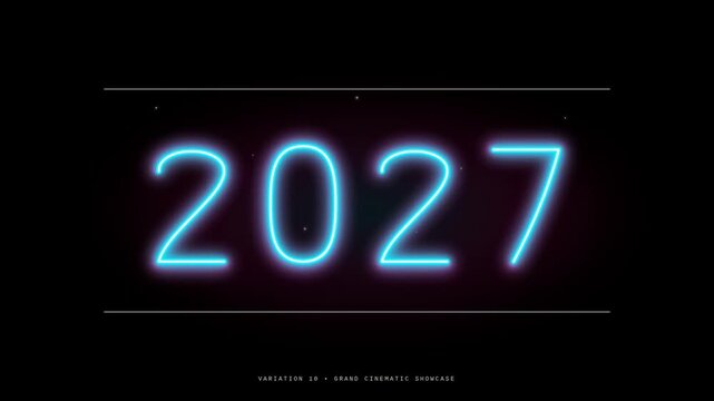 The year 2027 appears in vibrant blue and pink neon lettering, pulsing softly against a deep black background, creating a futuristic, cinematic title sequence for upcoming events.