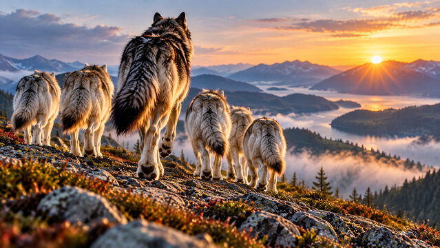 Dark Alpha Wolf Leading a Light-Coated Pack Toward Sunrise