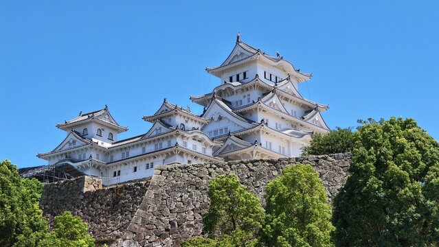 Historic Japanese temple architecture on a rocky hillside under a brig