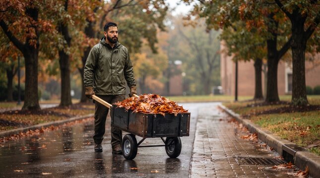 Groundskeeper collects wet leaves after drain cleaning