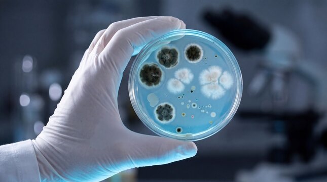 Gloved researcher holding glass petri dish filled with colorful bacterial colonies and mold cultures for medical laboratory analysis