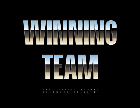 Vector Silver sign Winning Team. Premium Reflective Metallic Font. Contemporary set of Elegant Alphabet Letters and Numbers.