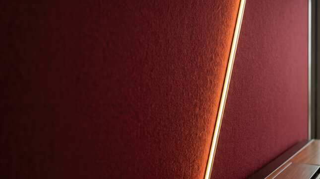 Corporate lunar new year greeting backdrop with textured red wall panels, glowing golden light strip and polished trim create warm festive.