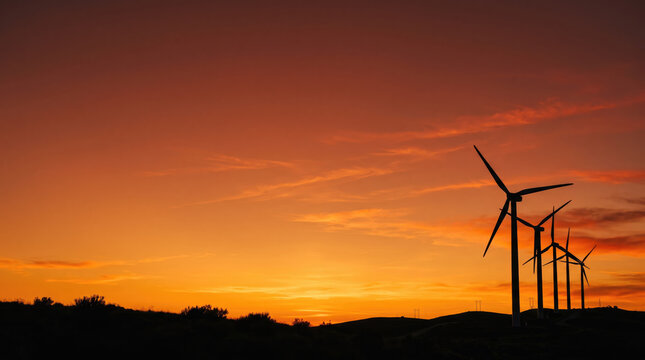Corporate lunar new year greeting with wind turbine silhouette against vivid orange sunset, offering warm seasonal message and clean energy theme.