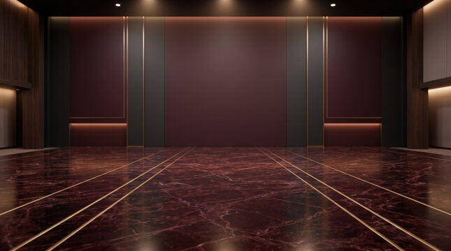 Corporate lunar new year greeting hall with polished burgundy marble flooring and elegant gold accents creates refined setting for festive.