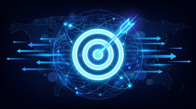 Glowing digital target and arrow piercing bullseye center overlaid on futuristic blue globe map with arrows