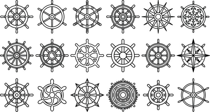 Minimalist black and white ship wheel icon set featuring monochrome line art vectors for marine nautical tourism website interface
