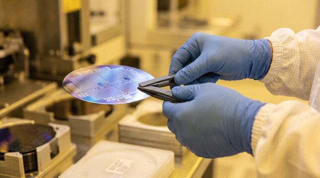 Blue gloved hands holding an iridescent silicon wafer in a fab