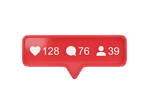 Social media notification bubble with likes comments and users isolated on transparent background