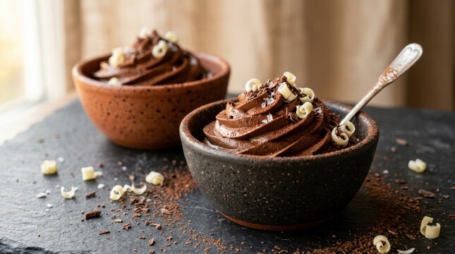 Elegant dark chocolate mousse dessert served in rustic ceramic bowls decorated with white chocolate shavings and a pinch of salt on a black stone table, creamy cocoa gourmet pudding treat.