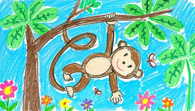 Detailed kid made crayon drawing of a playful little monkey swinging from a tree branch using one hand.