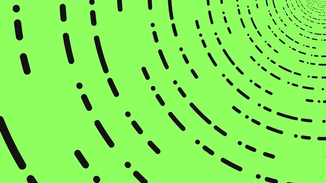 Animated black dashed lines forming circular spiral rotating clockwise on bright green screen background. Spinning dotted lines vortex animation, hypnotic circular pattern, seamless loop.